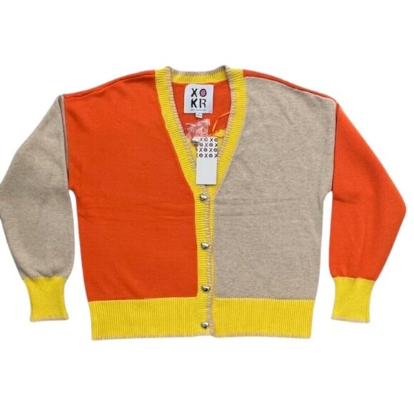XOKR Kerri Rosenthal Heart Sunshine Color Block Cardigan V Neck Long Sleeves Med - Picture 1 of 14